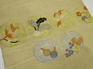アンティーク　丸紋に葡萄・柘榴・野菜模様織り出し名古屋帯